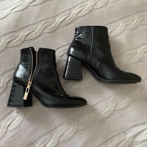 black printed heeled booties